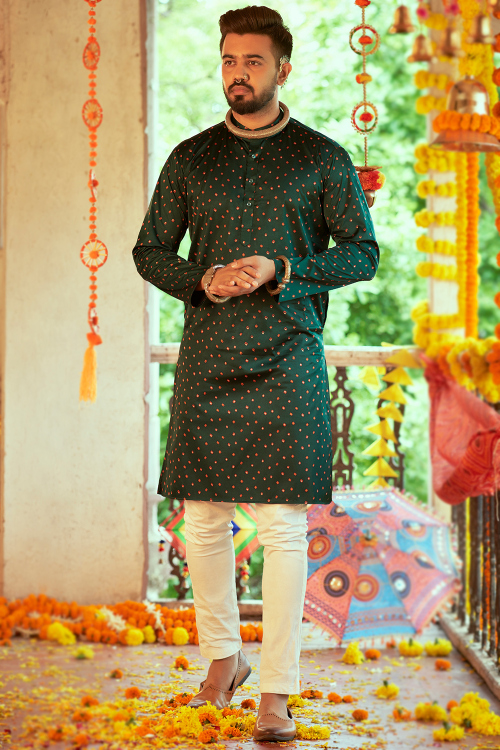 Dark Green Silk Blend Printed Straight Cut Men's Kurta