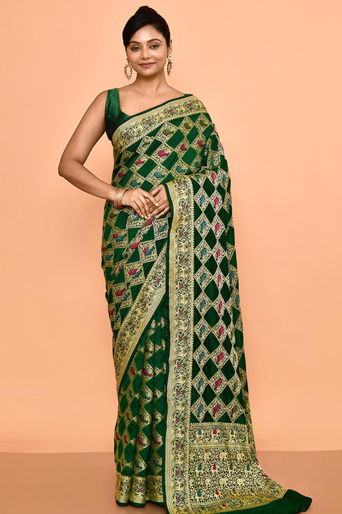 Dark Green Silk Blend Saree With Weaved Work For Festival