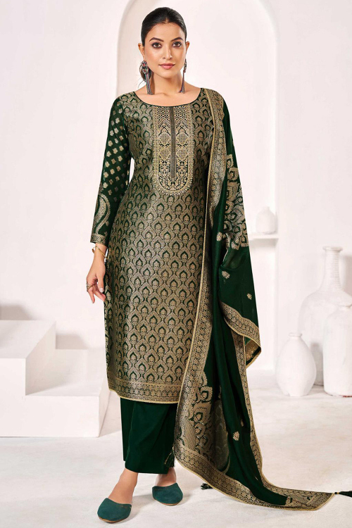 Dark Green Silk Blend Woven Zari Straight Pant Suit