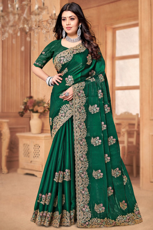 Dark Green Silk Dori Embroidered Saree For Mehndi 