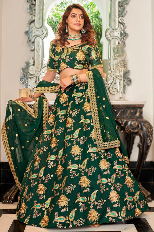 Dark Green Silk Embroidered Lehenga Choli For Mehndi 