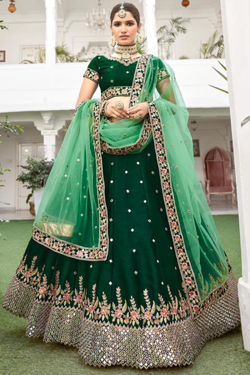 Dark Green Silk Embroidered Lehenga