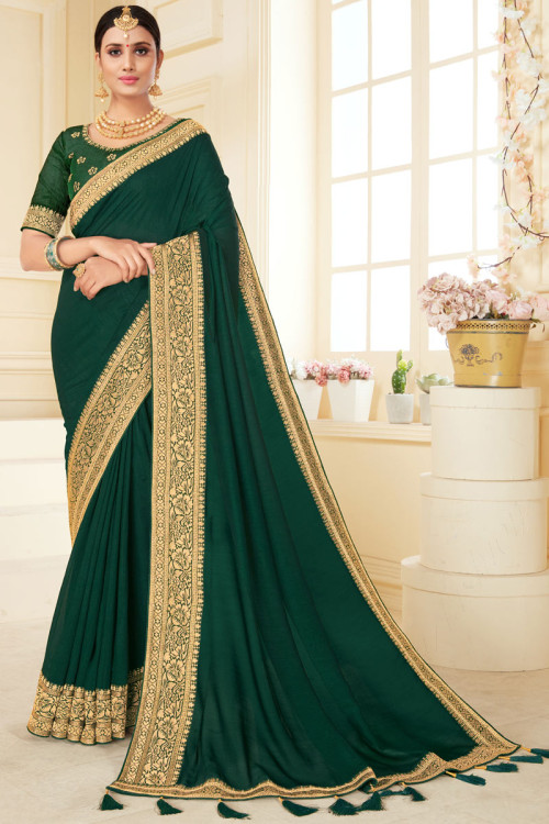 Dark Green Silk Embroidered Saree|SARV09028