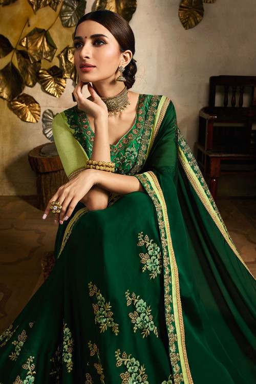 Buy Dark Green Silk Indian Saree With Resham Work Online - SARV03809 ...