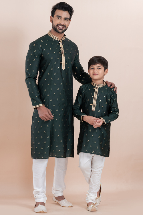 Dark Green Silk Kurta Pajama Combo for Father & Son Festive Wear