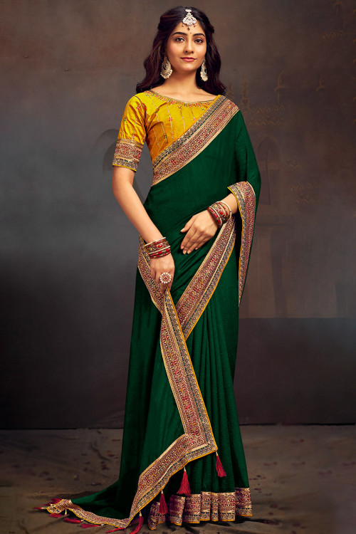 Dark Green Silk Lace Embroidered Wedding Wear Saree