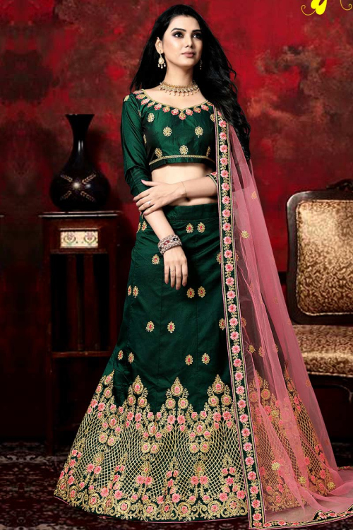 Dark Green Silk Lehenga with Silk Choli