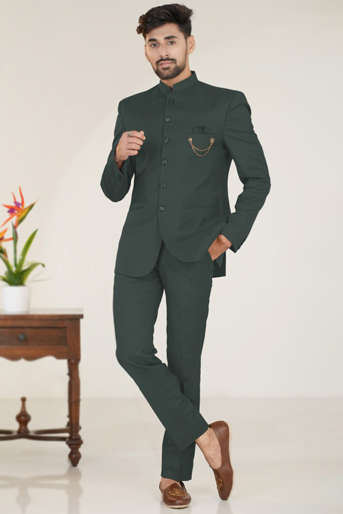 Dark Green Silk Plain Jodhpuri Style Men's Coat Pant