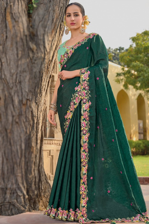 Dark Green Silk Sequins Embroidered Saree For Mehndi 