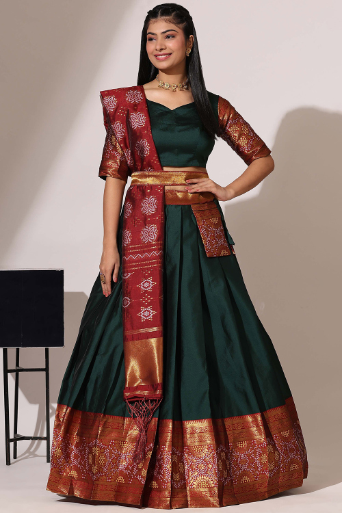 Dark Green Silk Woven Zari A Line Lehenga 