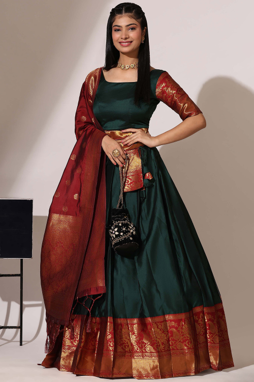 Dark Green Silk Woven Zari A Line Lehenga 