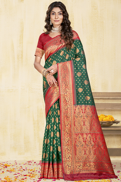 Classic Dark Green Silk Saree with Intricate Zari Weaves