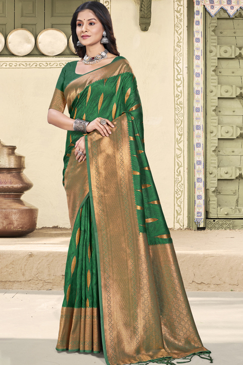 Dark Green Silk Saree with Zari Woven Broad Border