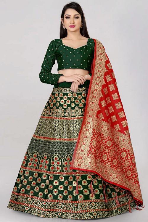 Dark Green Silk Woven Zari Lehenga