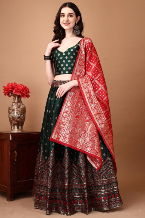 Dark Green Silk Woven Zari Panelled Style Lehenga