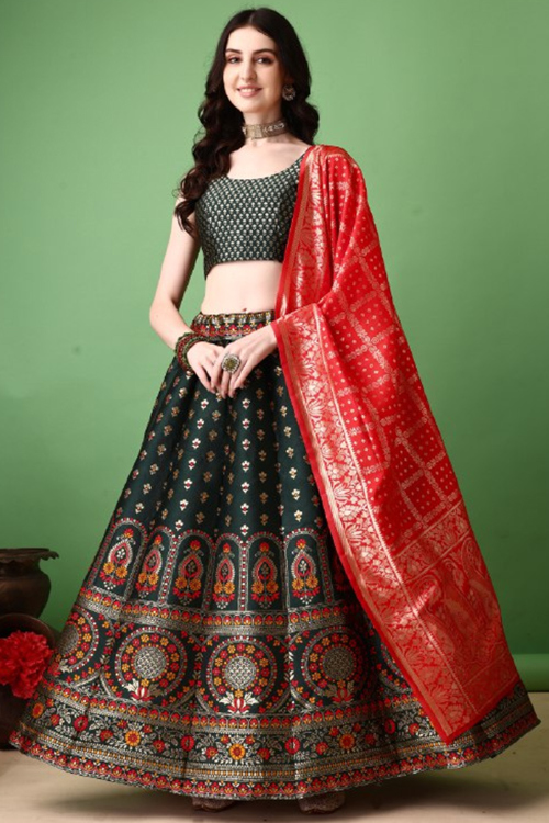 Dark Green Silk Woven Zari Panelled Style Lehenga