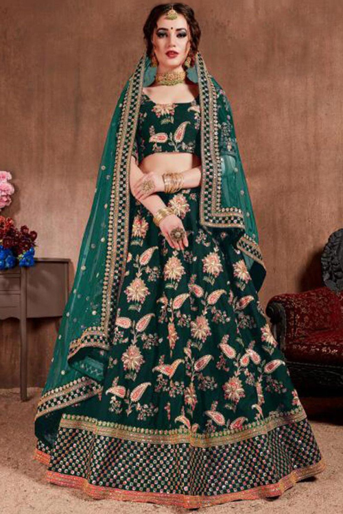 Dark Green Soft Silk Embroidered Lehenga