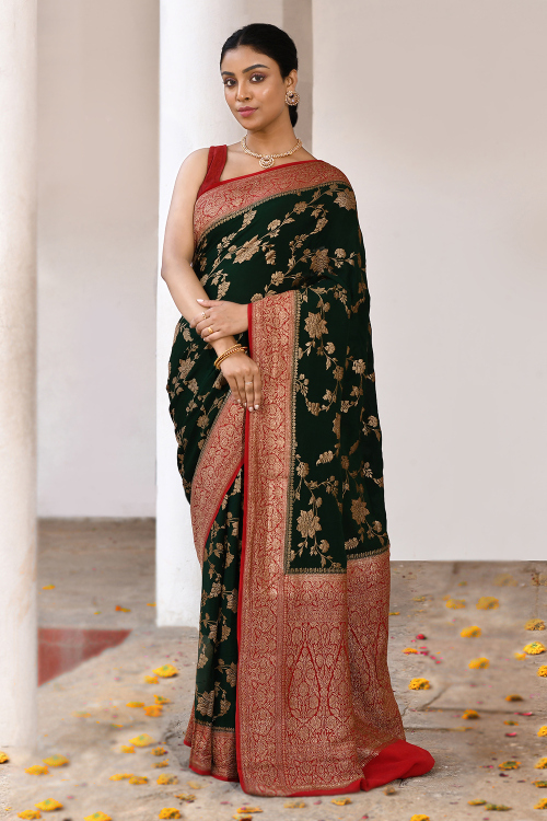 Dark Green Soft Silk Saree With Woven Zari Work