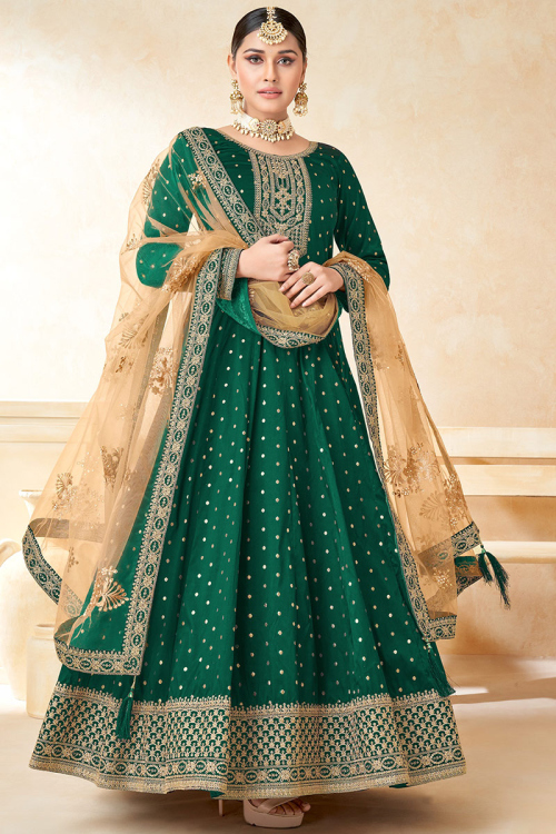 Dark Green Taffeta Silk Anarkali Style Anarkali Suit
