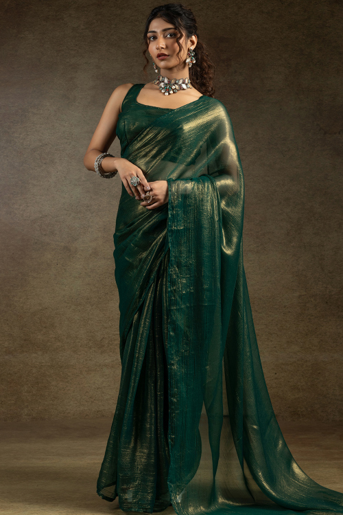 Dark Green Tissue Saree with Shimmer for Mehndi