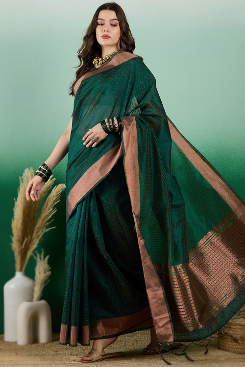 Dark Green Tissue Silk Woven Zari Light Weight Saree