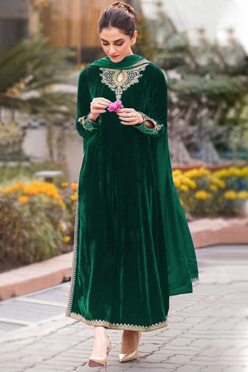Dark Green Velvet Embroidered Long Suit With Churidar 
