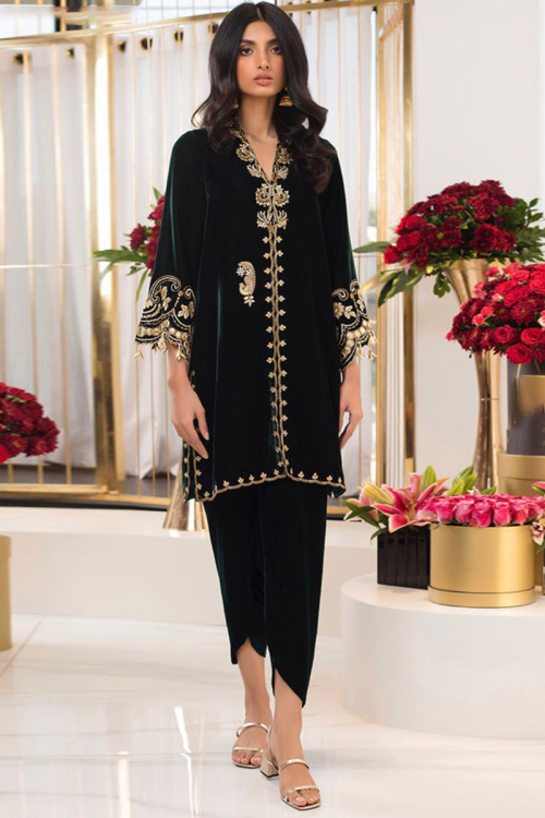 Dark Green Velvet Embroidered Pakistani Trouser Suit