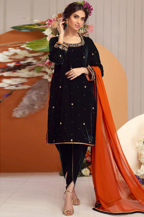 Buy Eid Special Velvet Black Straight Pant Suit With Zari Work Online -  LSTV01563