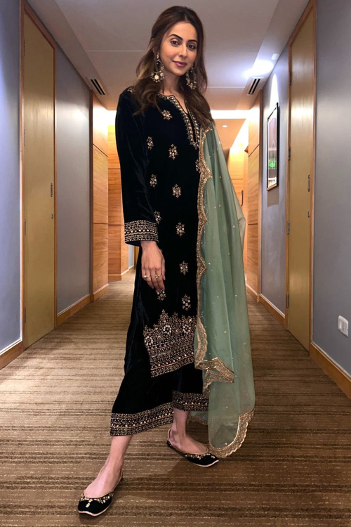 Dark Green Velvet Palazzo Suit With Beads Work For Mehndi
