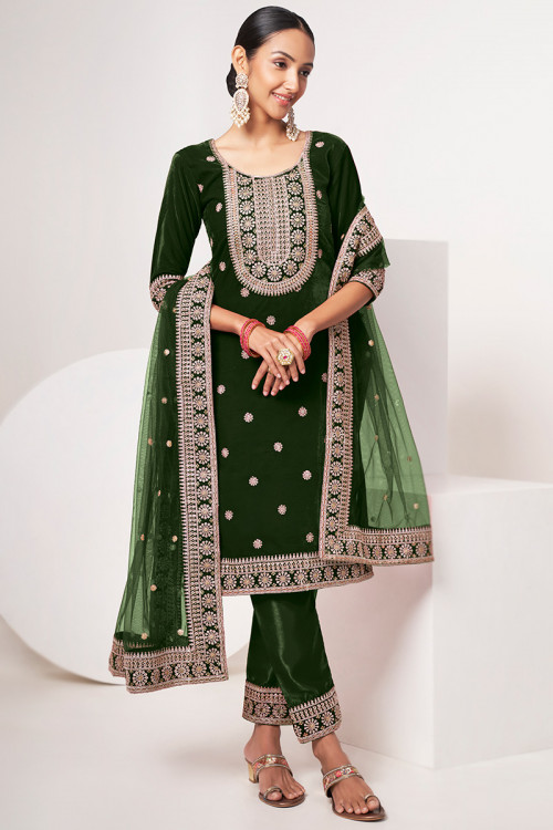 Dark Green Velvet Sequins Embroidered Trouser Suit For Mehndi 