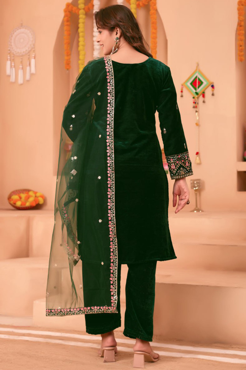 Dark Green Velvet Sequins Embroidered Trouser Suit