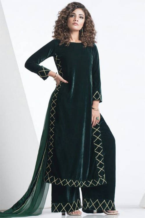 Dark Green Velvet Trouser Suit With Lace Work