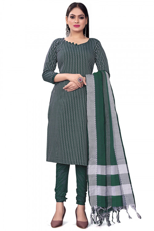 Dark Green Weaved Thread Cotton Straight Cut Churidar Suit 