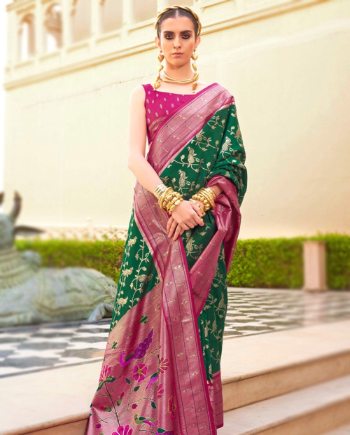 Dark Green Weaved Zari Paithani Silk Traditional Saree For Mehndi 