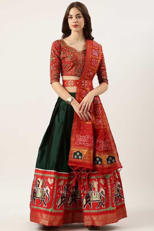 Dark Green Woven Zari Silk Pleated Style Lehenga 