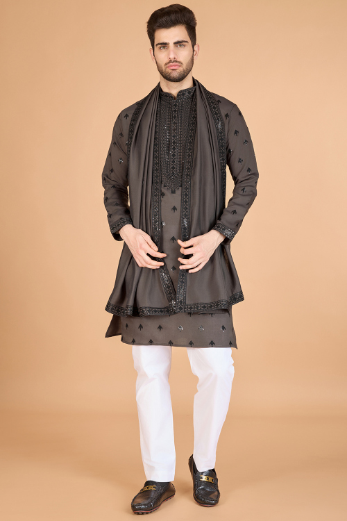 Dark Grey Beige Viscose Silk Embroidered Men's Kurta Pajama