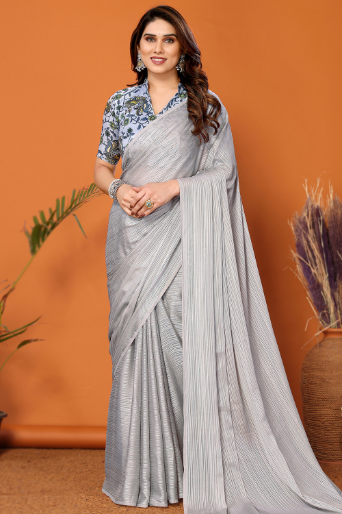 Dark Grey Chiffon Weaved Thread Light Weight Saree 