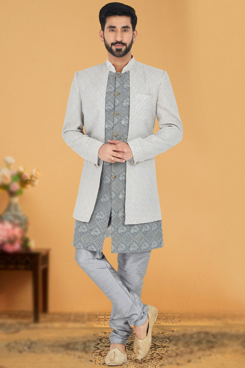 Dark Grey Cotton Embroidered Jacket Style Men Sherwani