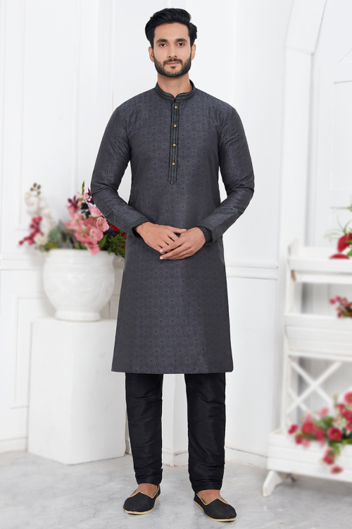 Dark Grey Jacquard Weaved Thread Straight Cut Men's Kurta Churidar 