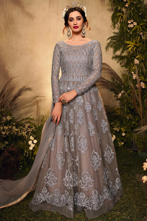 Dark Grey Net Embroidered Anarkali Suit 