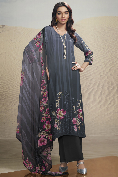 Dark Grey Crepe Printed Palazzo Salwar Suit