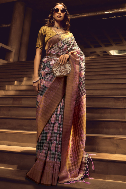 Dark Grey Printed Organza Broad Border Saree 