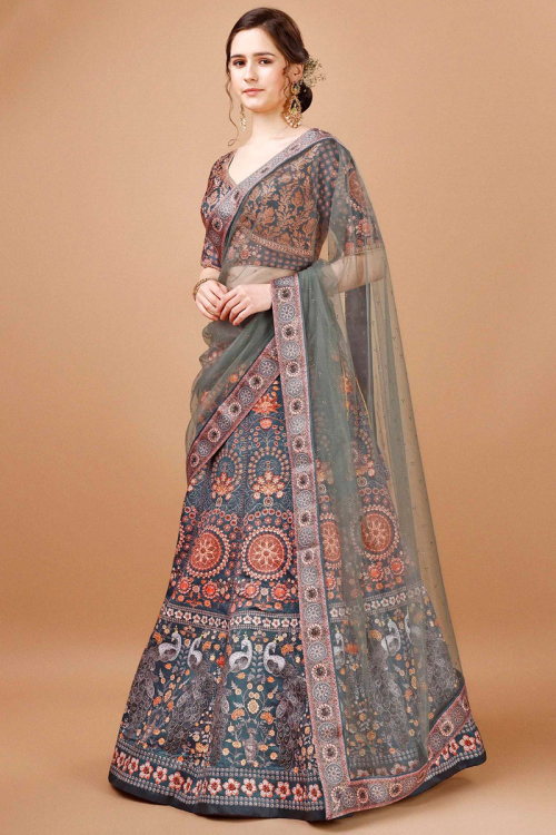 Dark Grey Printed Panelled Style Satin Silk Lehenga