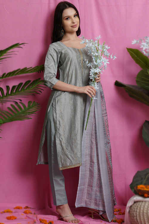 Dark Grey Silk Embroidered Casual Wear Trouser Suit 