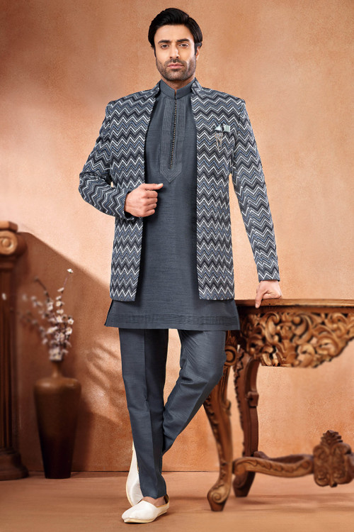 Dark Grey Silk Embroidered Jacket Style Men's Kurta Pajama 