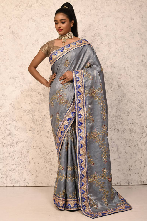 Bluish Grey Silk Saree With Banglori Silk Blouse