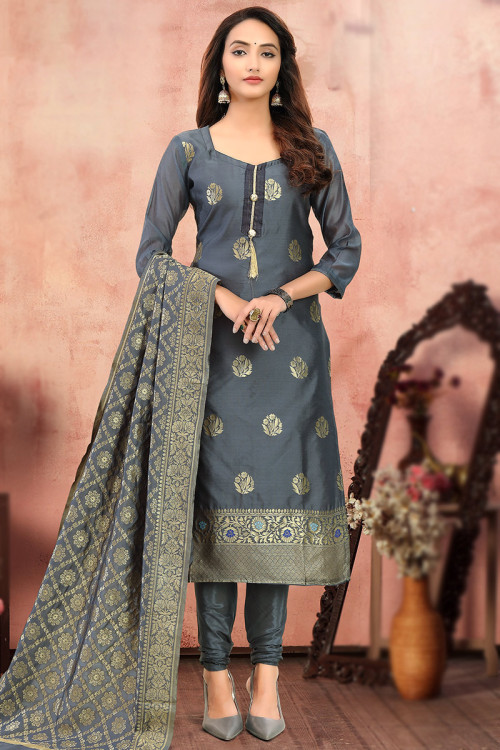 Churidar Suit in Silk Dark Grey with Zari Embroidery for Party 