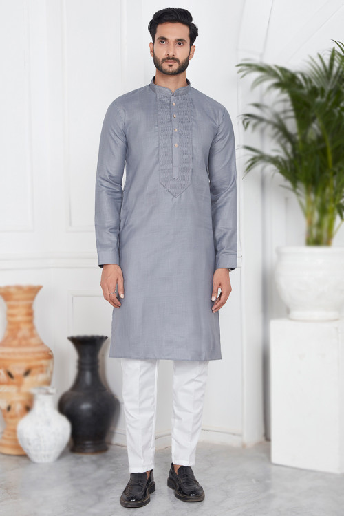 Dark Grey Straight Cut Cotton Men's Kurta Pajama For Sangeet