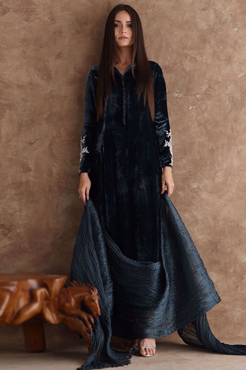Dark Blue Velvet Designer Pakistani Eid Trouser Suit