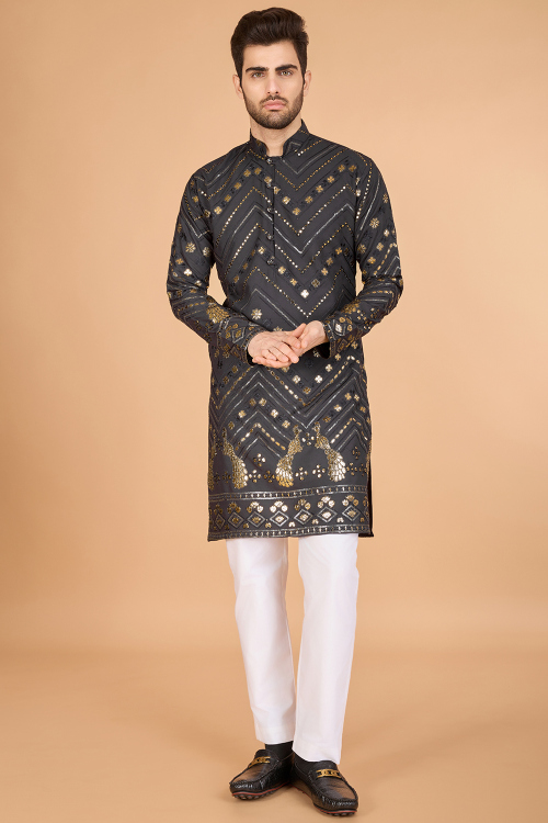 Dark Grey Viscose Rayon Men's Embroidered Kurta Pajama